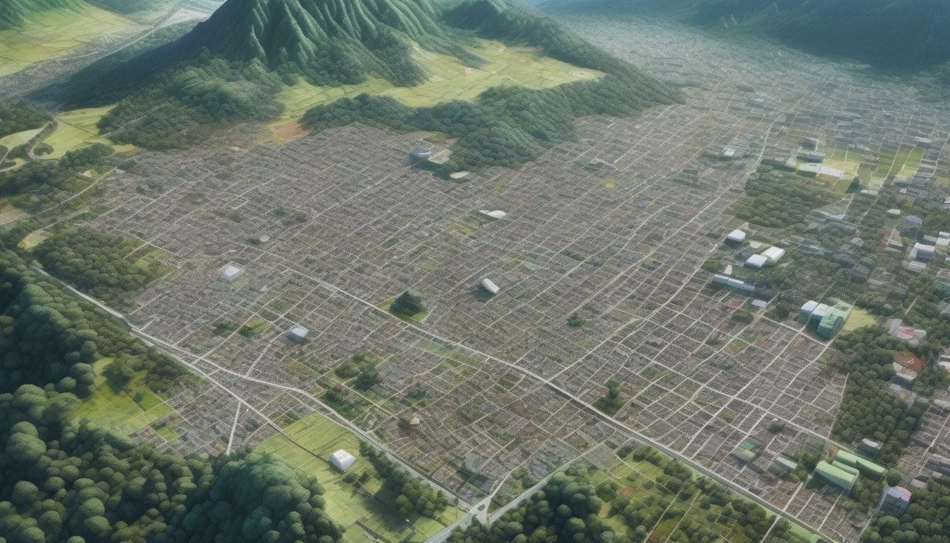 山あいの地方都市を空撮した画像と衛星地図を確認する自治体職員