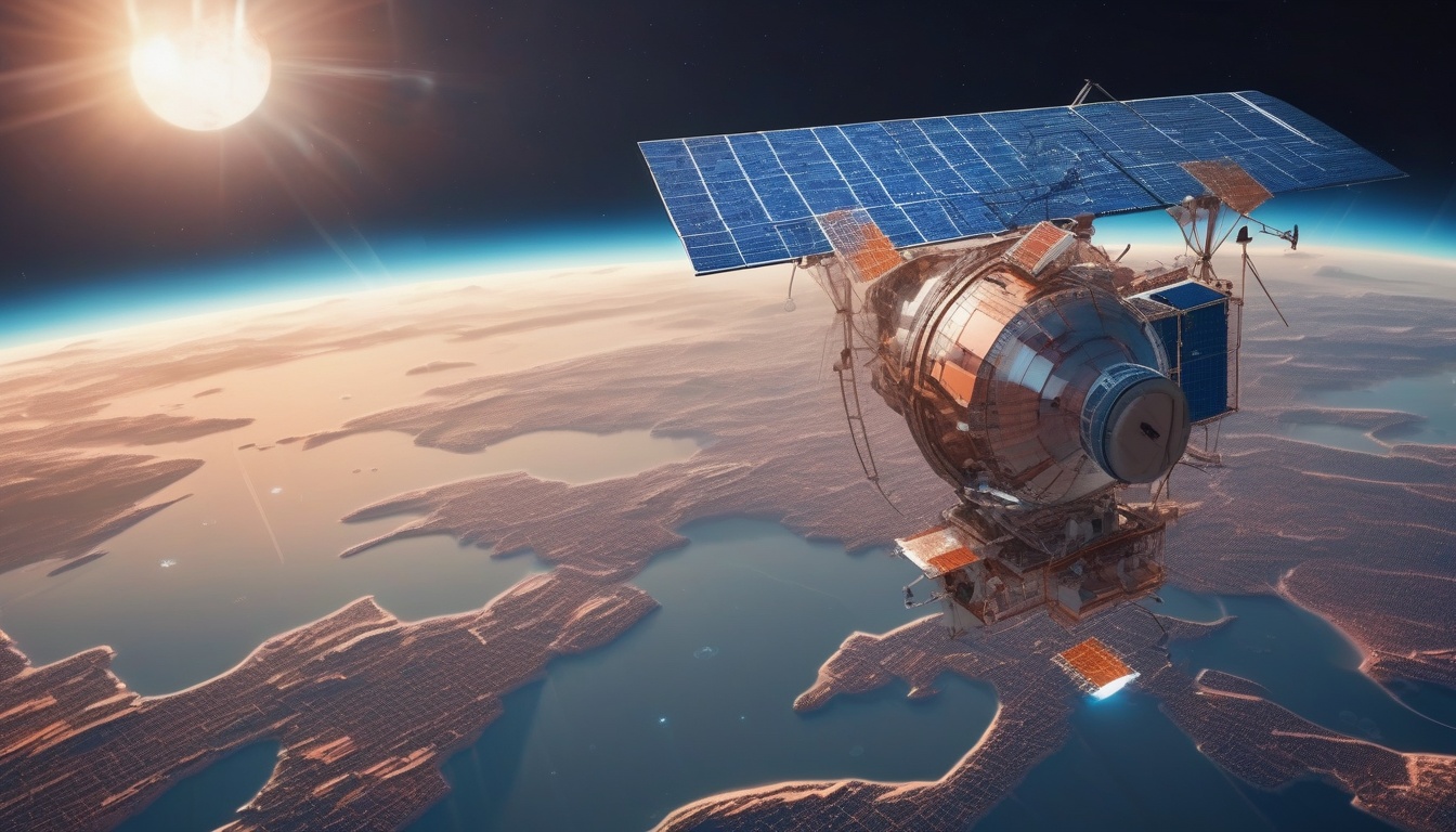 夜明けの地球上空を周回する地球観測衛星。太陽電池パネルとレーダーアンテナを展開し、眼下に青い海と大陸が広がる
