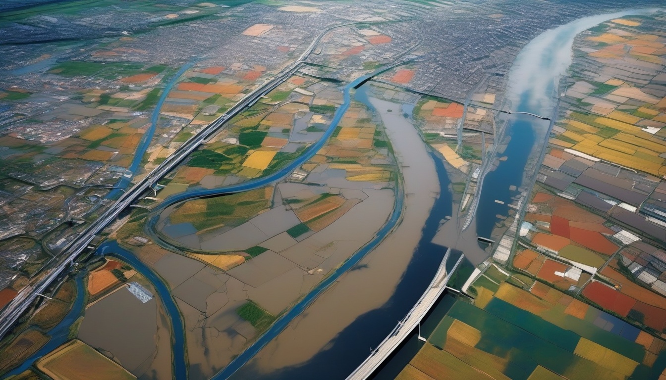 河川氾濫域と都市インフラを上空から捉えた衛星視点の画像